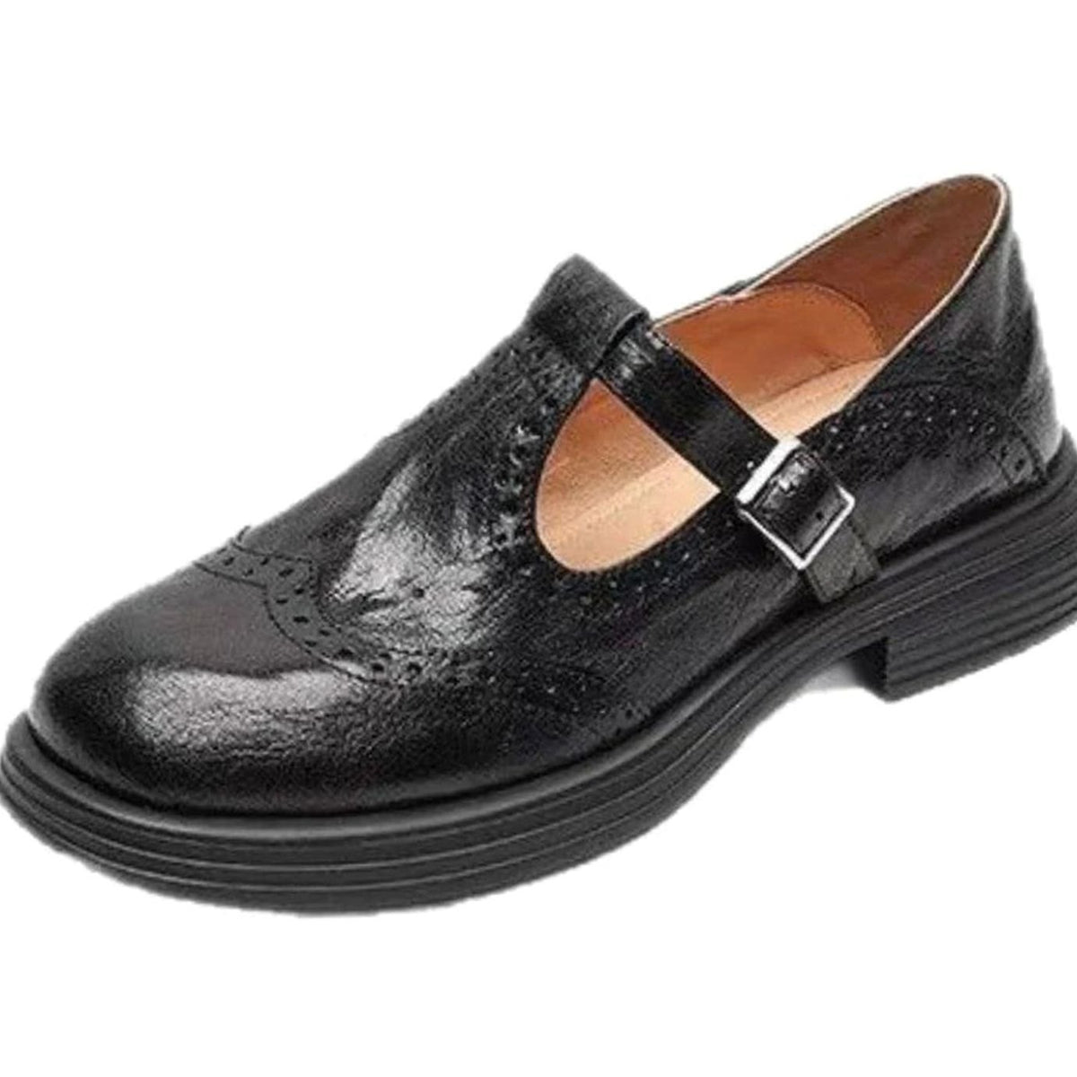 Women's Vintage Brogue Leather T-Strap Mary Jane Flats