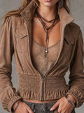 Women's Vintage Cropped Zip-Up Jacket Smocked Waist - Khaki