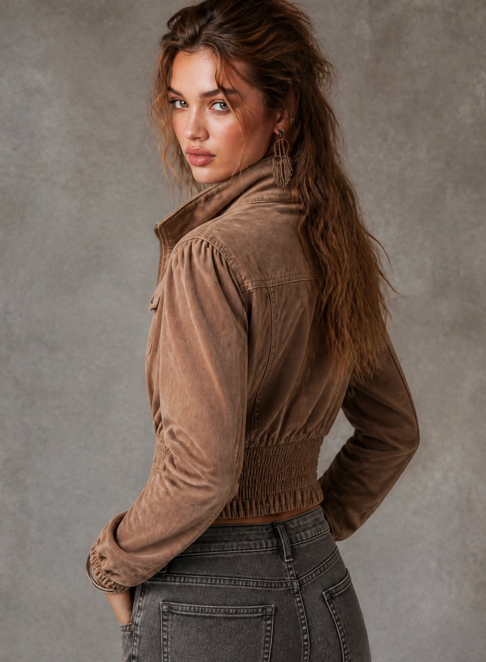Women's Vintage Cropped Zip-Up Jacket Smocked Waist
