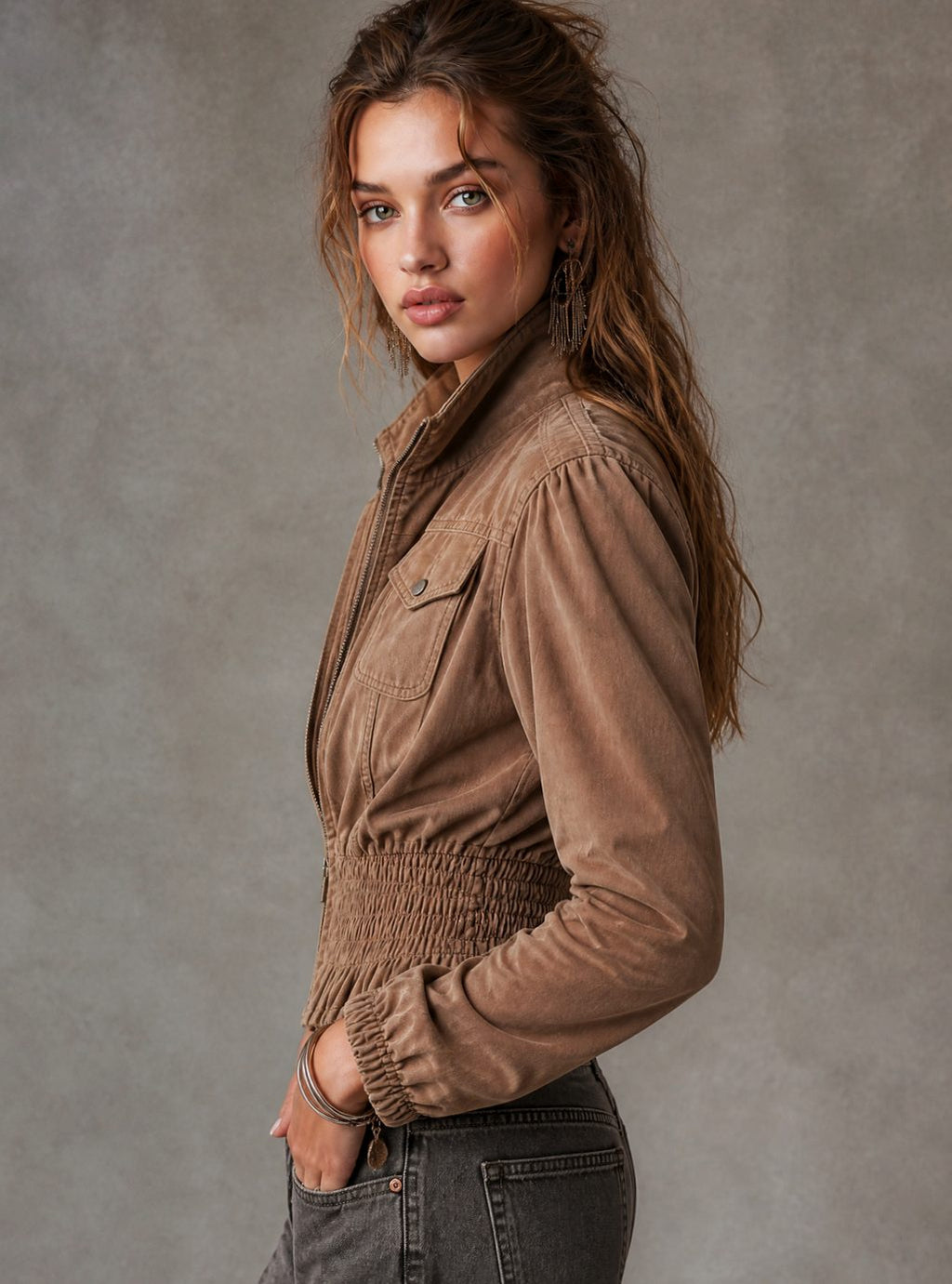 Women's Vintage Cropped Zip-Up Jacket Smocked Waist