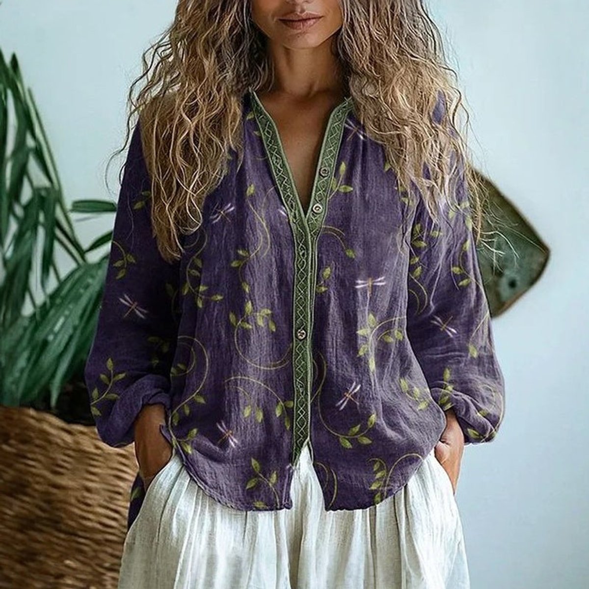 Women's Vintage Dragonfly Leaf Print Button-Down Boho Shirt - Purple