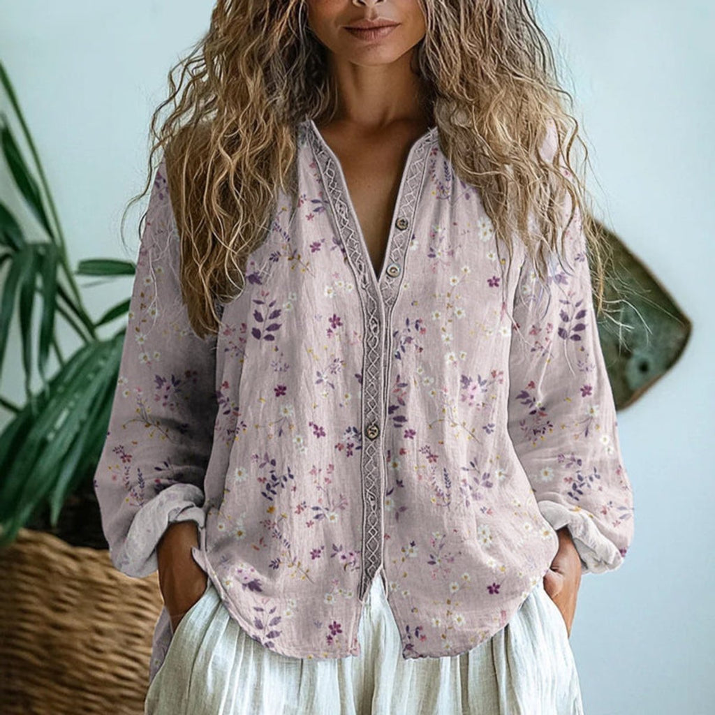 Women's Vintage Dragonfly Leaf Print Button-Down Boho Shirt - Pink