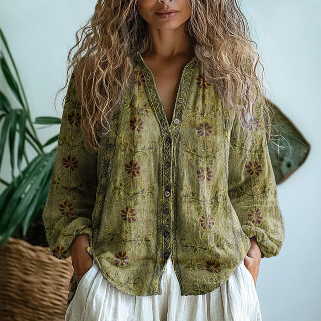 Women's Vintage Dragonfly Leaf Print Button-Down Boho Shirt - Green