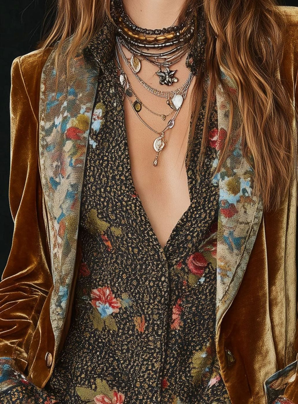 Women's Vintage Floral Patchwork Velvet Blazer