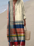 Women's Vintage Geometric Print Long-Sleeve Fall Dress - Multicolor