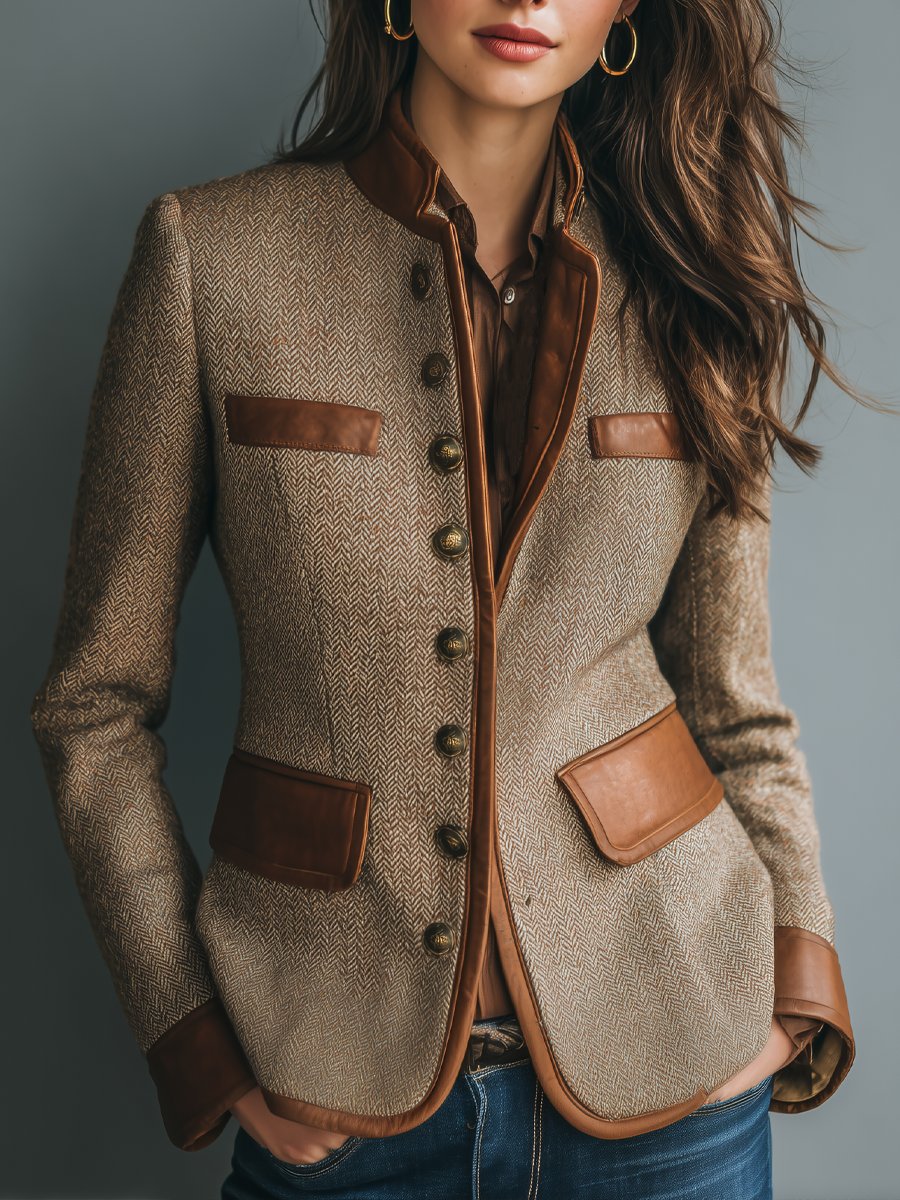 Women's Vintage Herringbone Leather-Trim Button-Front Jacket - Brown