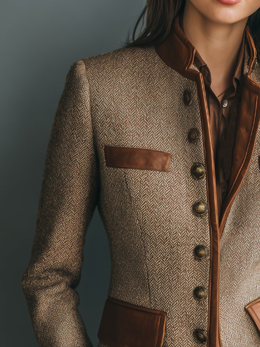 Women's Vintage Herringbone Leather-Trim Button-Front Jacket