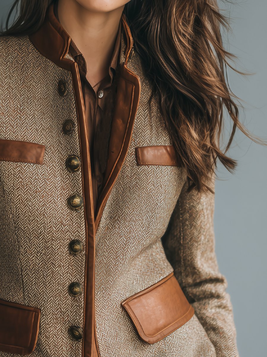 Women's Vintage Herringbone Leather-Trim Button-Front Jacket