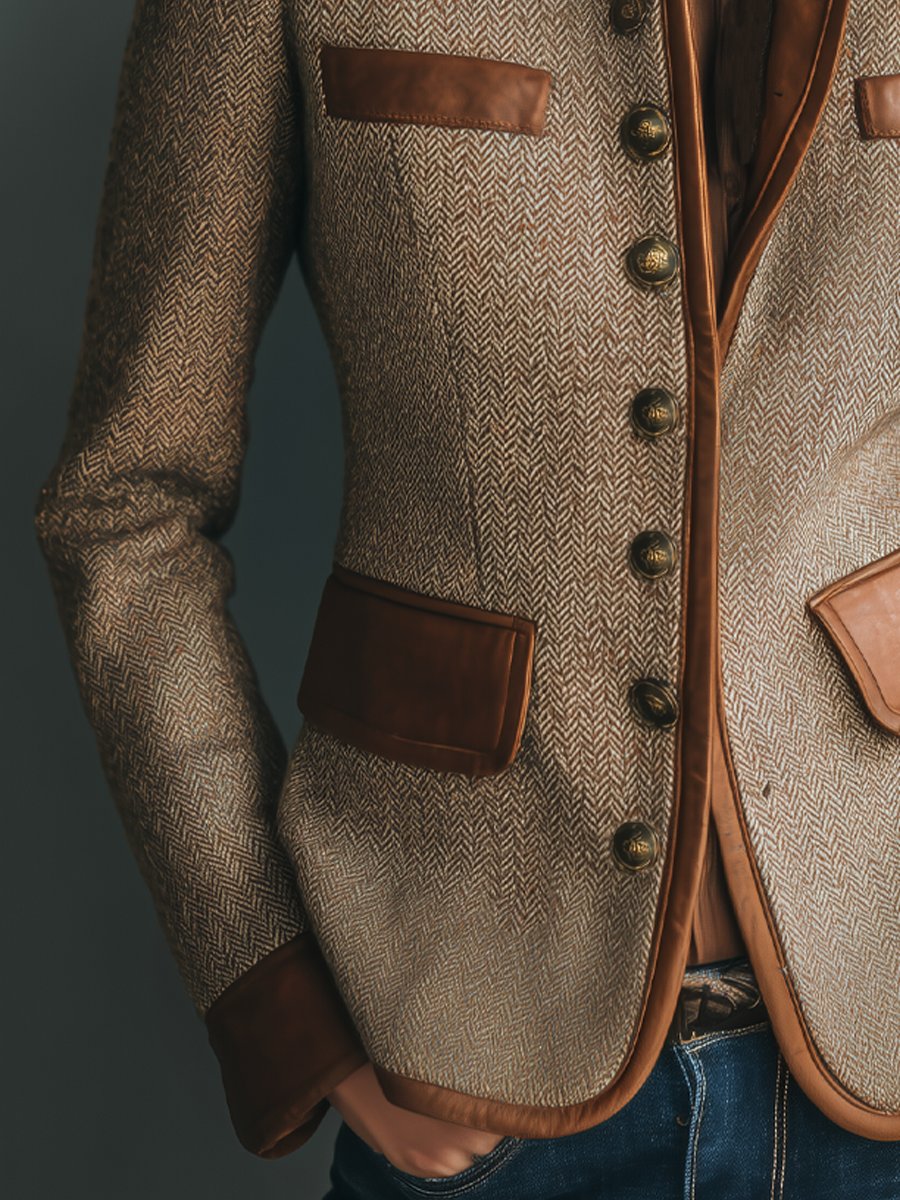 Women's Vintage Herringbone Leather-Trim Button-Front Jacket