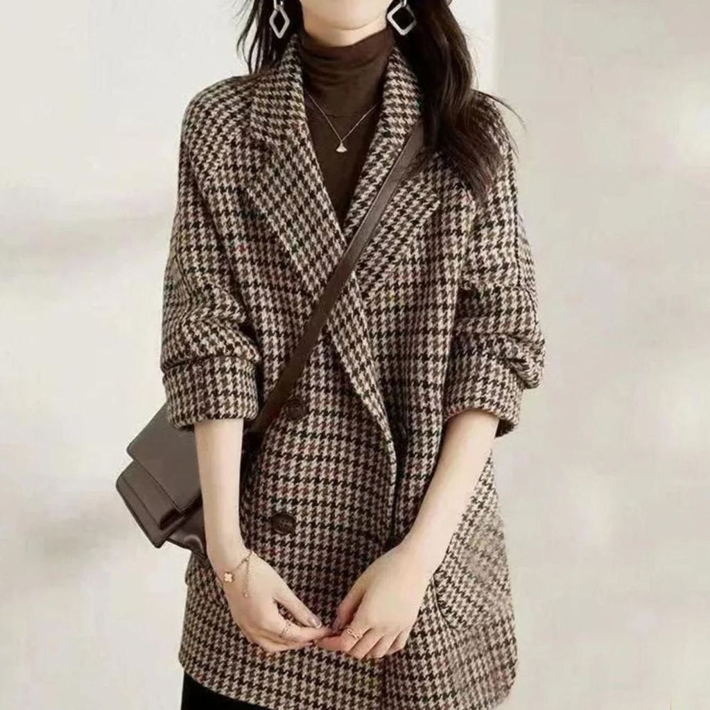 Women's Vintage Houndstooth Double-Breasted Blazer Coat