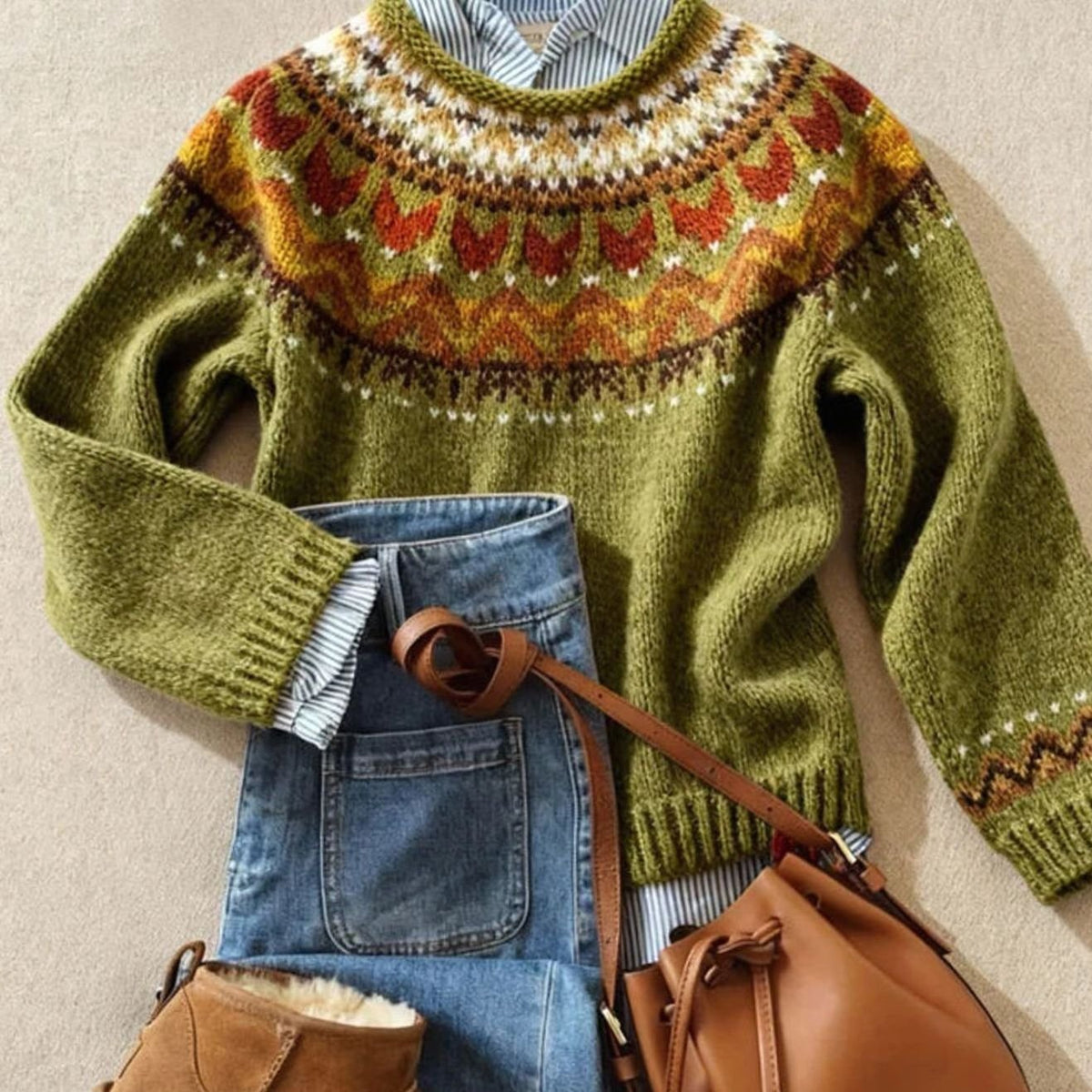 Women's Vintage Knit Fair Isle Crewneck Sweater - Green