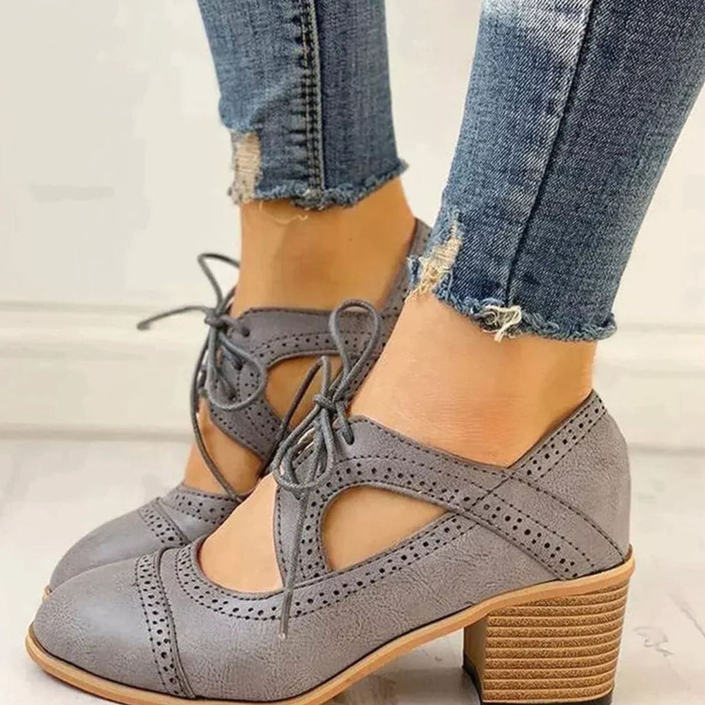 Women's Vintage Lace-Up Heeled T-Strap Shoes Cutout Block Heel - Gray