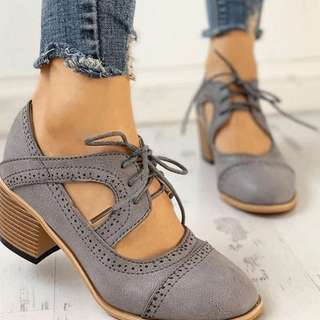 Women's Vintage Lace-Up Heeled T-Strap Shoes Cutout Block Heel