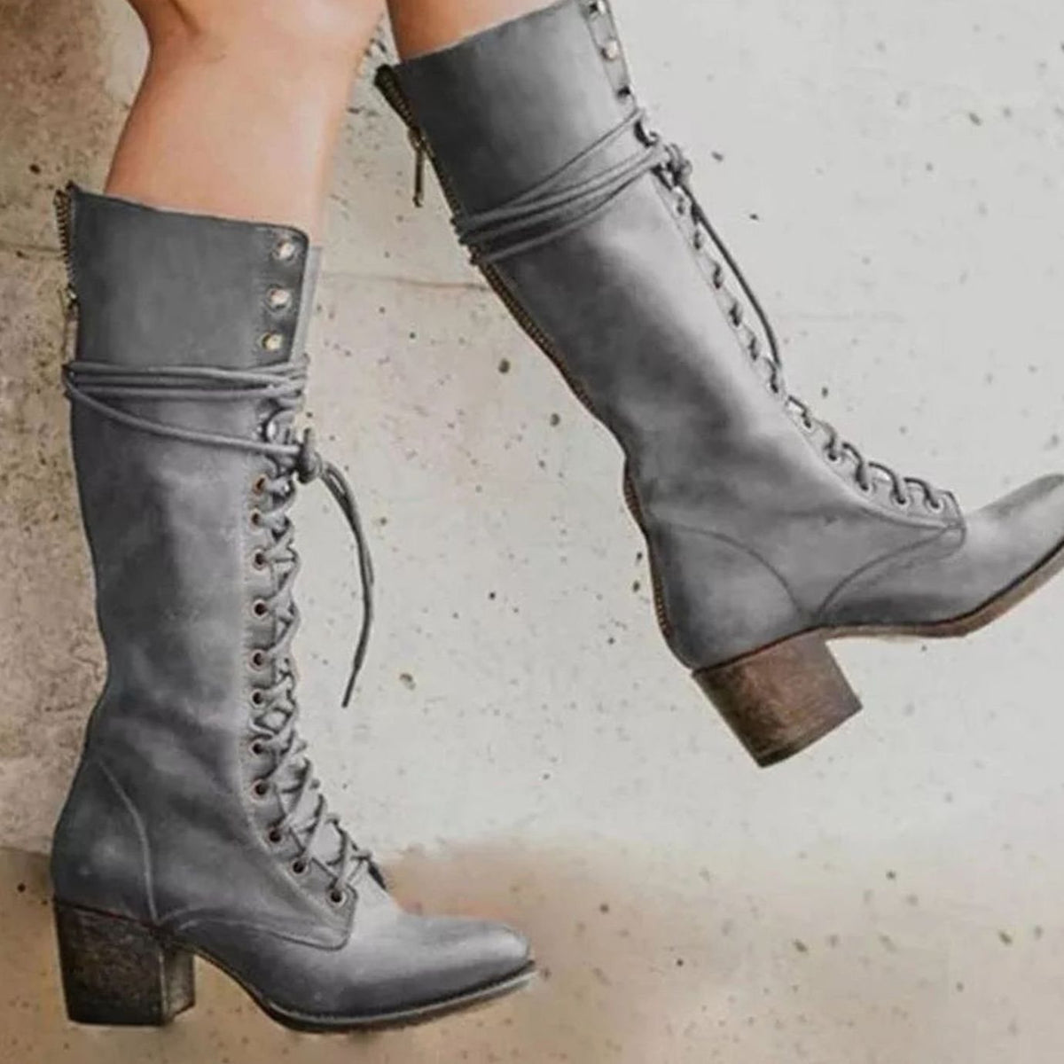 Women's Vintage Lace-Up High Heel Boots Knee-High Block Heel - Gray