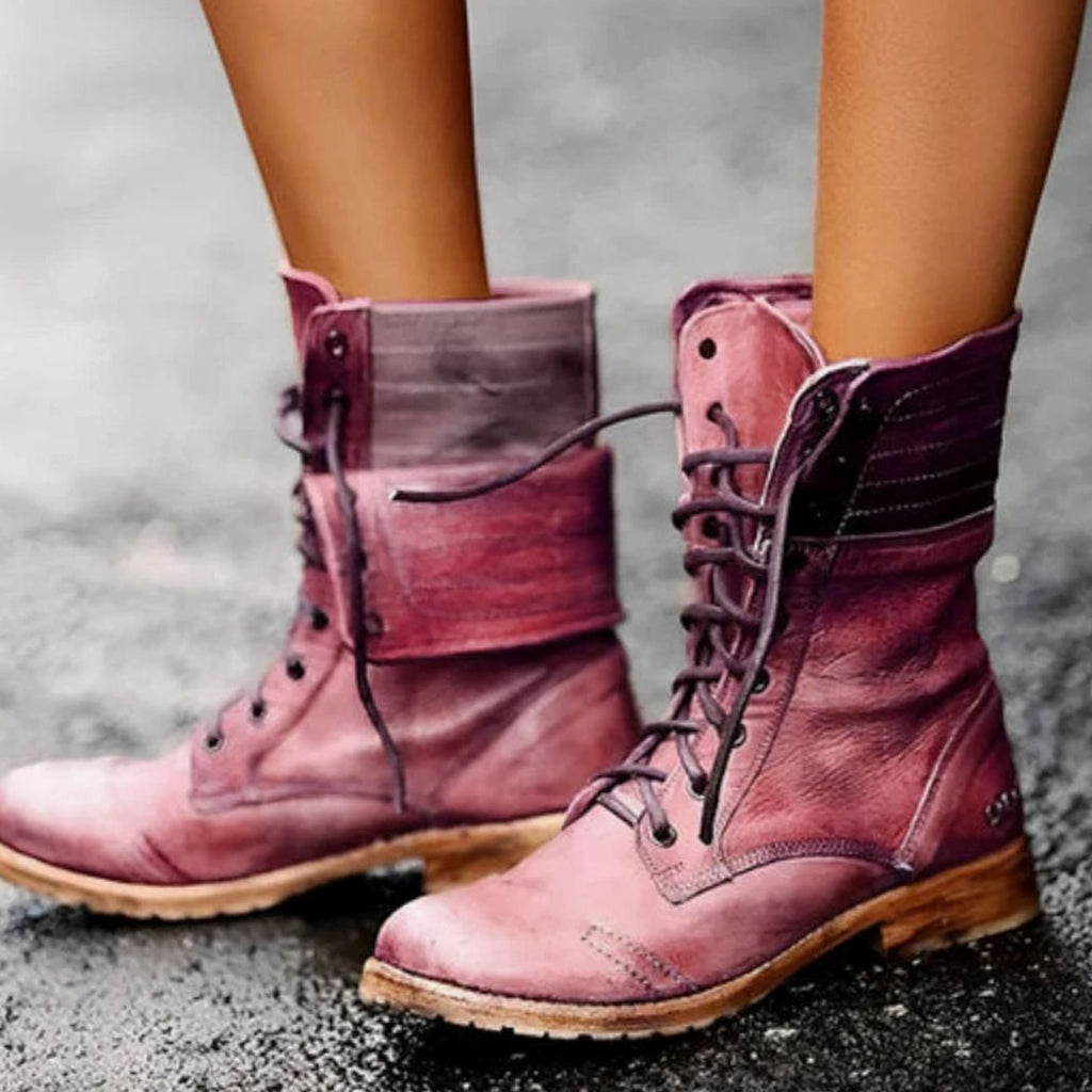 Women's Vintage Lace-Up Mid-Calf Combat Boots - Carmine Red