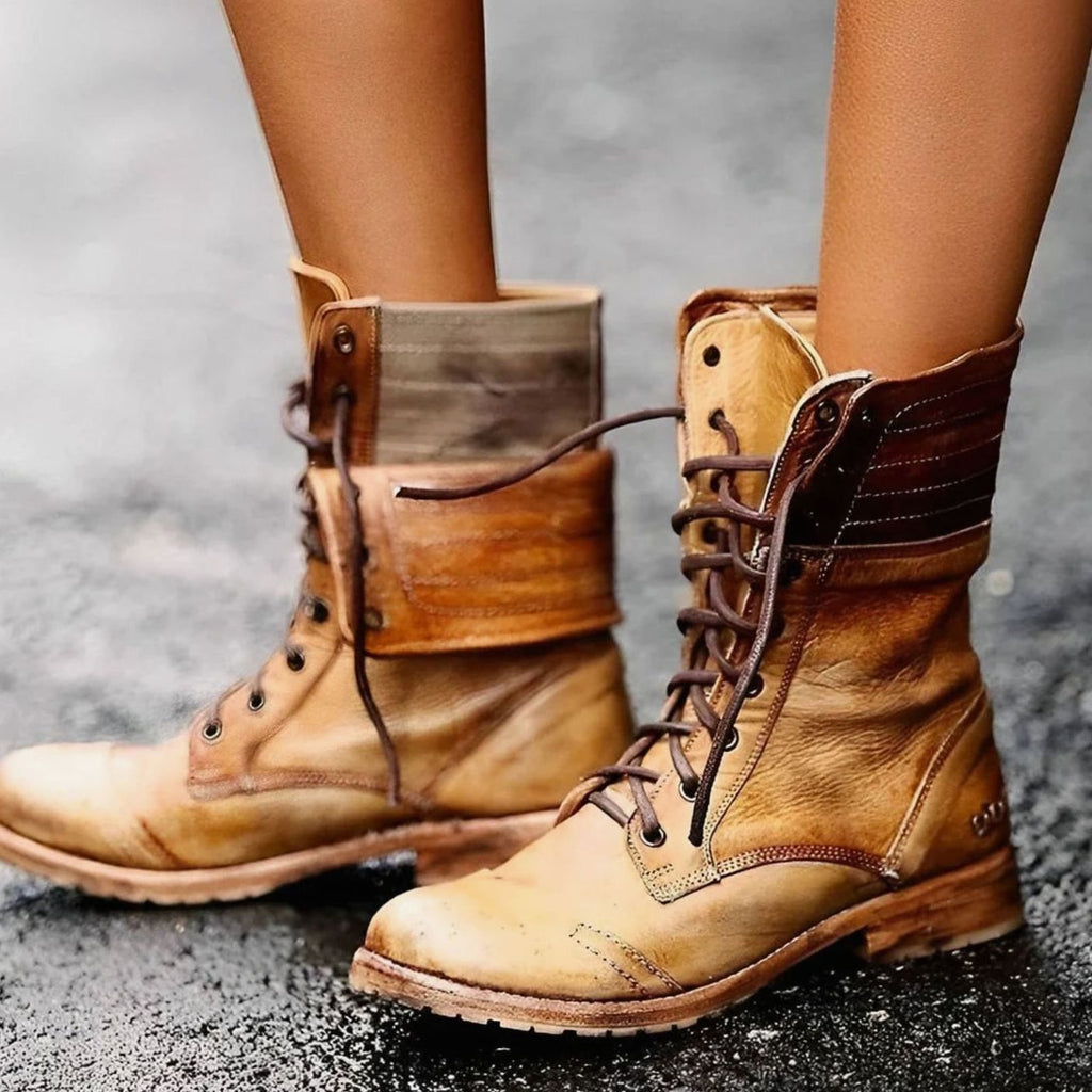 Women's Vintage Lace-Up Mid-Calf Combat Boots - Khaki