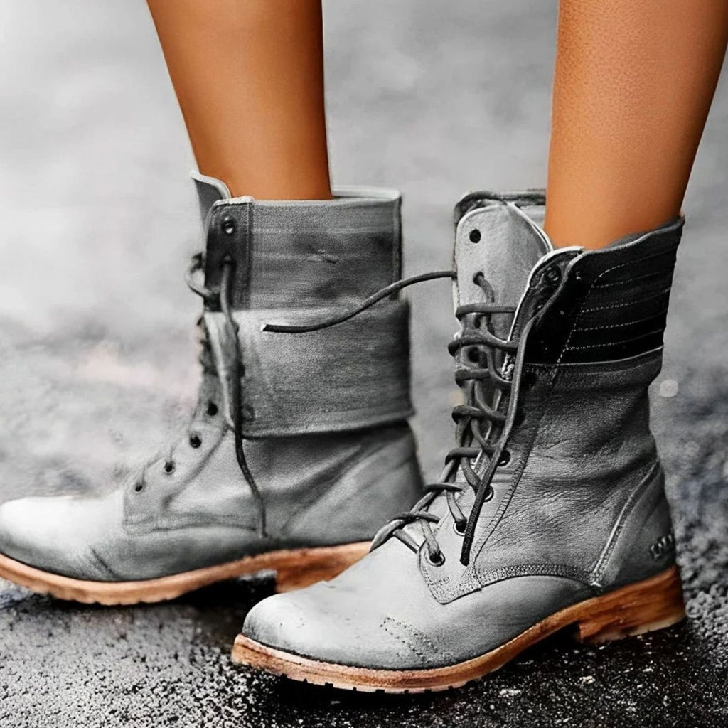 Women's Vintage Lace-Up Mid-Calf Combat Boots - Gray