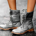 Women's Vintage Lace-Up Mid-Calf Combat Boots - Gray