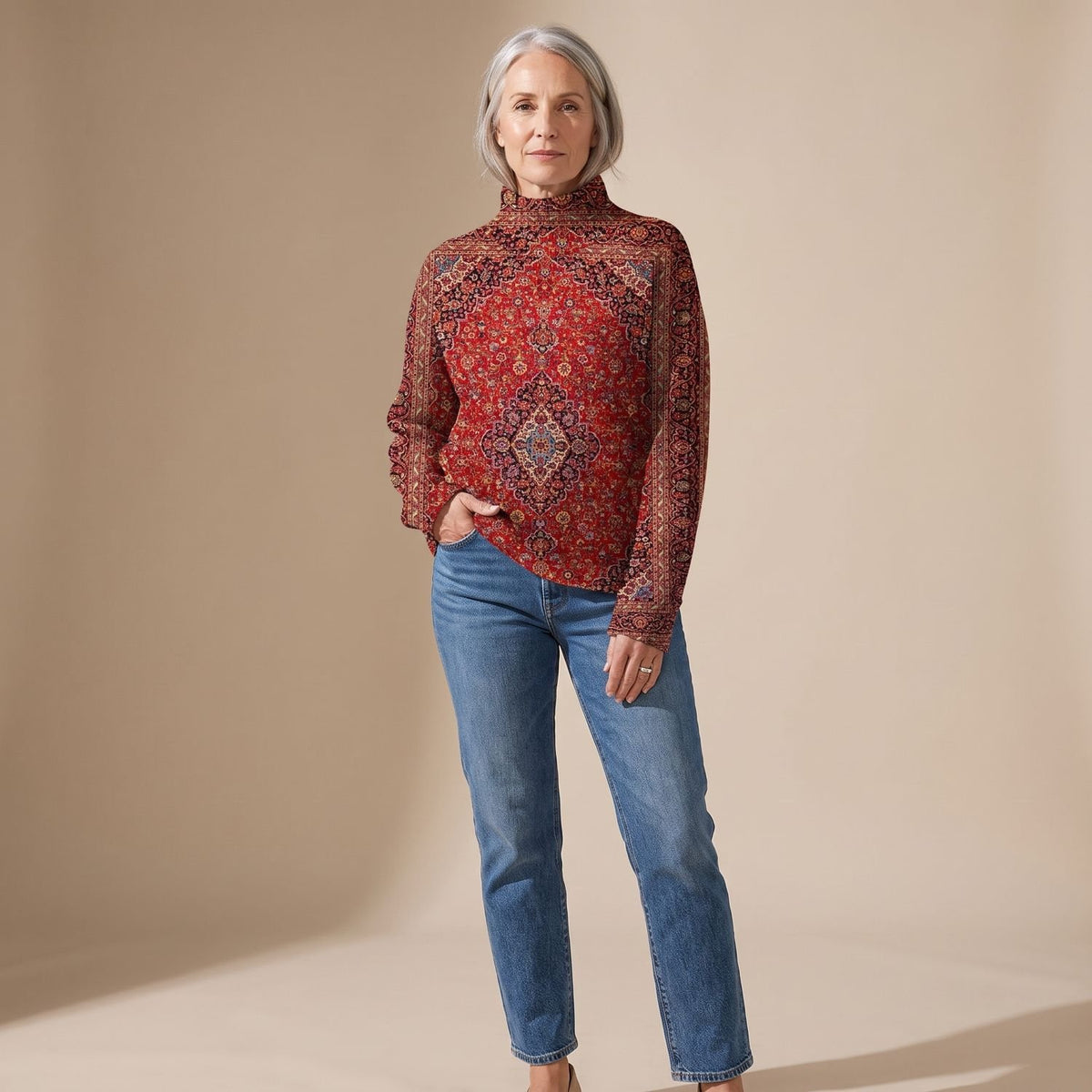 Women's Vintage Persian-Print Mock-Neck Long-Sleeve Sweater - Multicolor