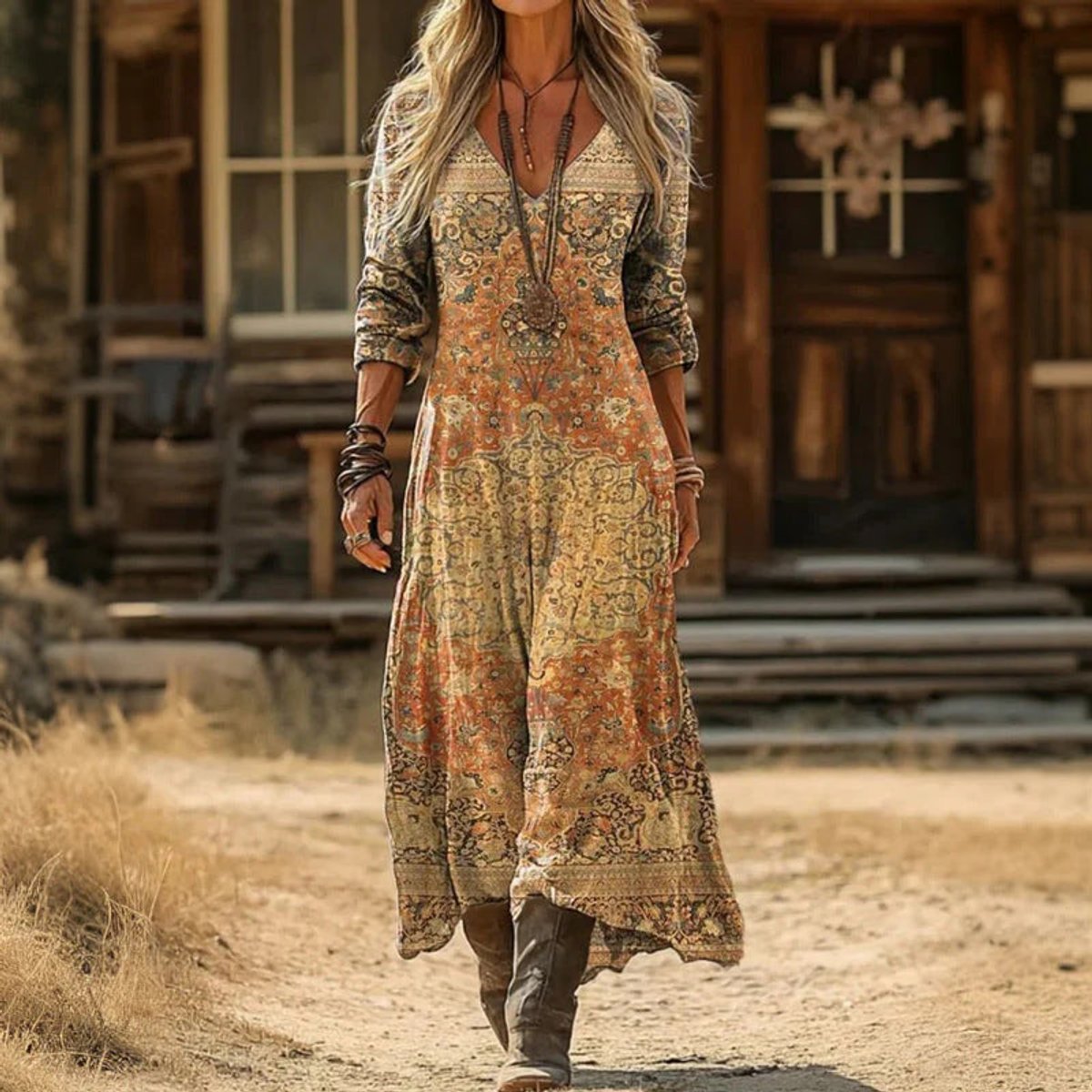 Women's Vintage-Print V-Neck Long Sleeve Maxi Dress - Yellow