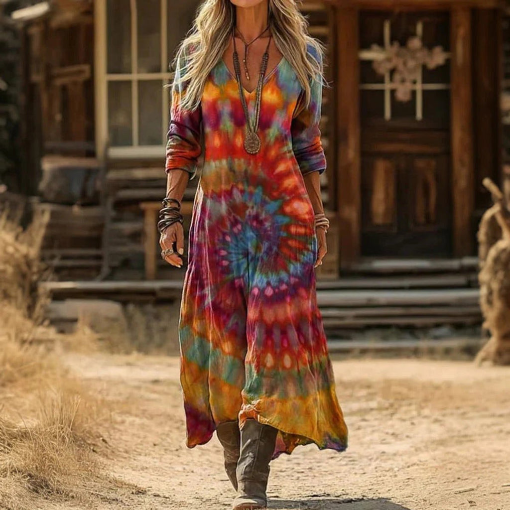 Women's Vintage-Print V-Neck Long Sleeve Maxi Dress - Multicolor