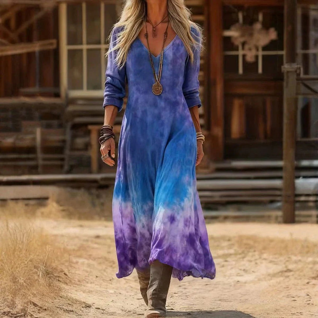Women's Vintage-Print V-Neck Long Sleeve Maxi Dress - Blue