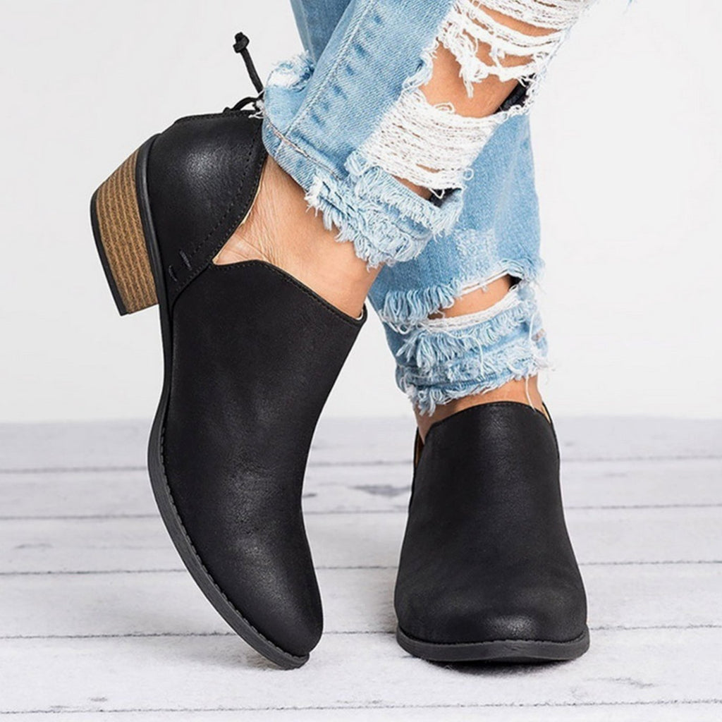 Women's Vintage Retro Slip-On Block Heel Ankle Boots - Black