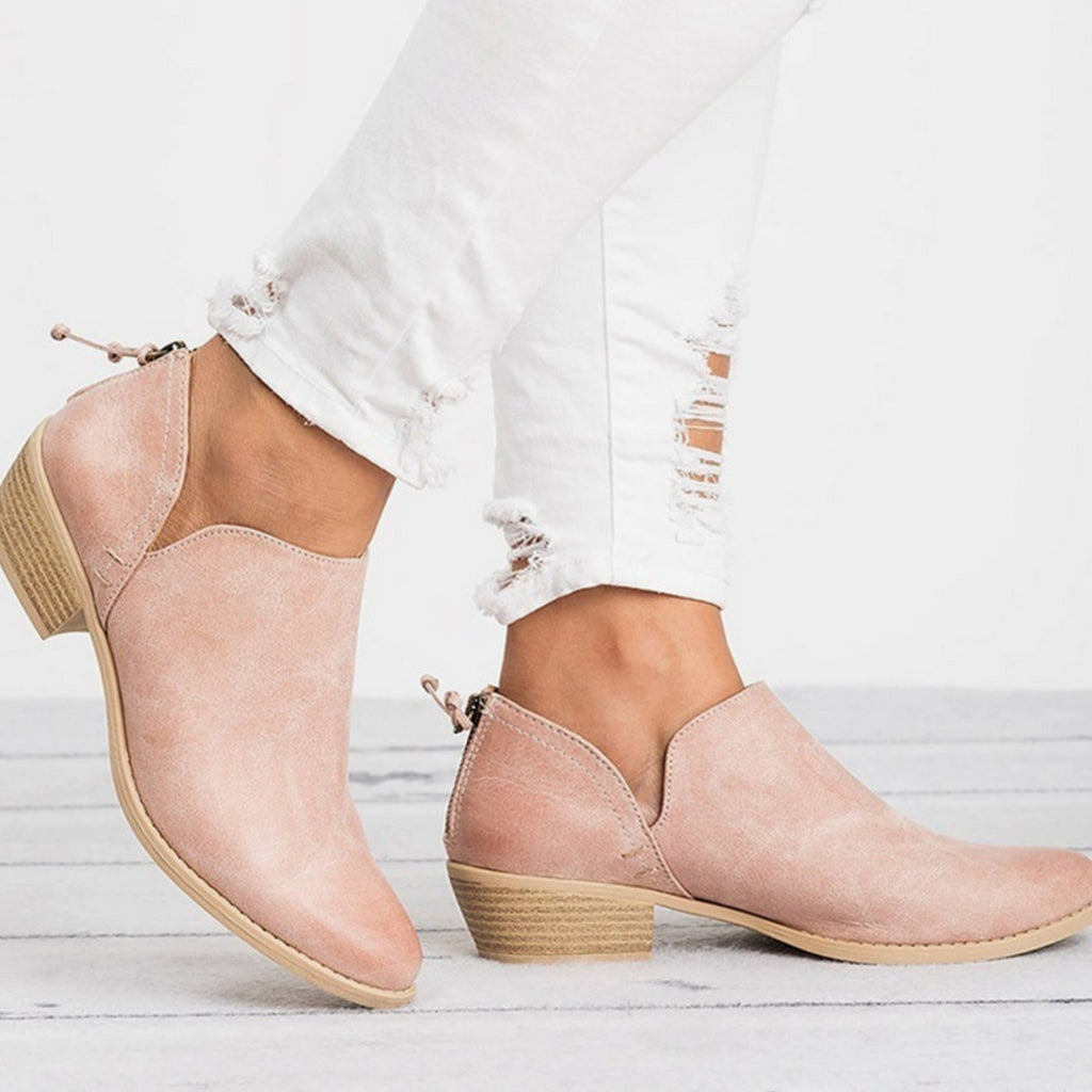 Women's Vintage Retro Slip-On Block Heel Ankle Boots - Pink