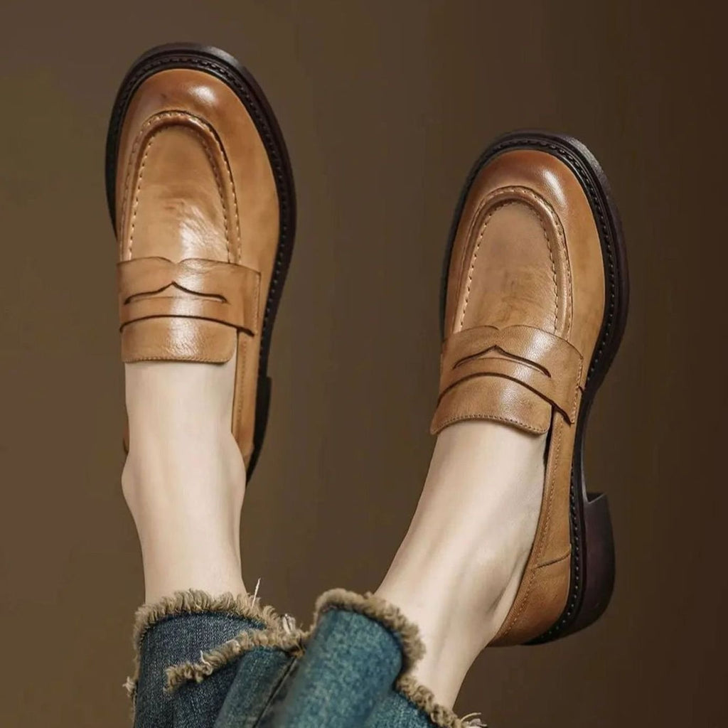 Women's Vintage Slip-On Penny Loafers Leather Flat Shoes