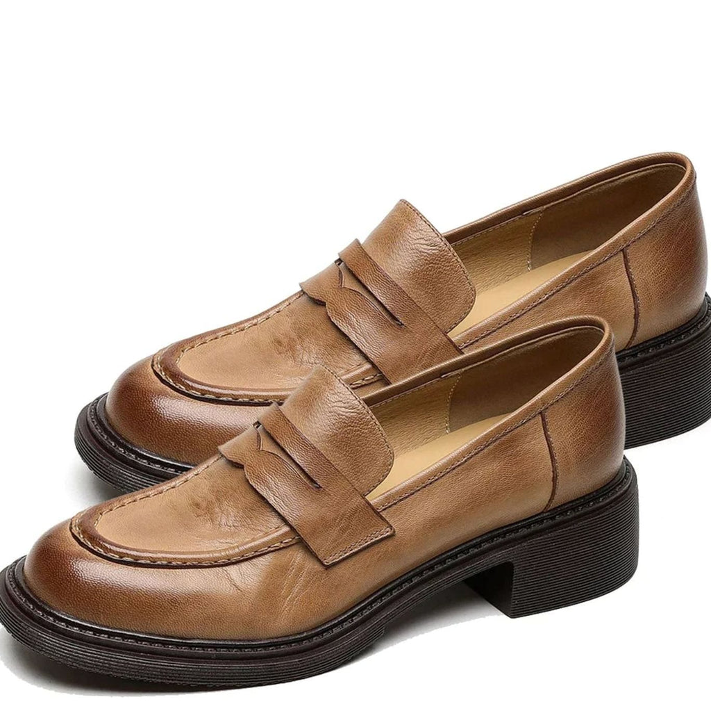 Women's Vintage Slip-On Penny Loafers Leather Flat Shoes - Light Brown