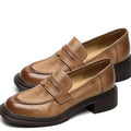 Women's Vintage Slip-On Penny Loafers Leather Flat Shoes - Light Brown