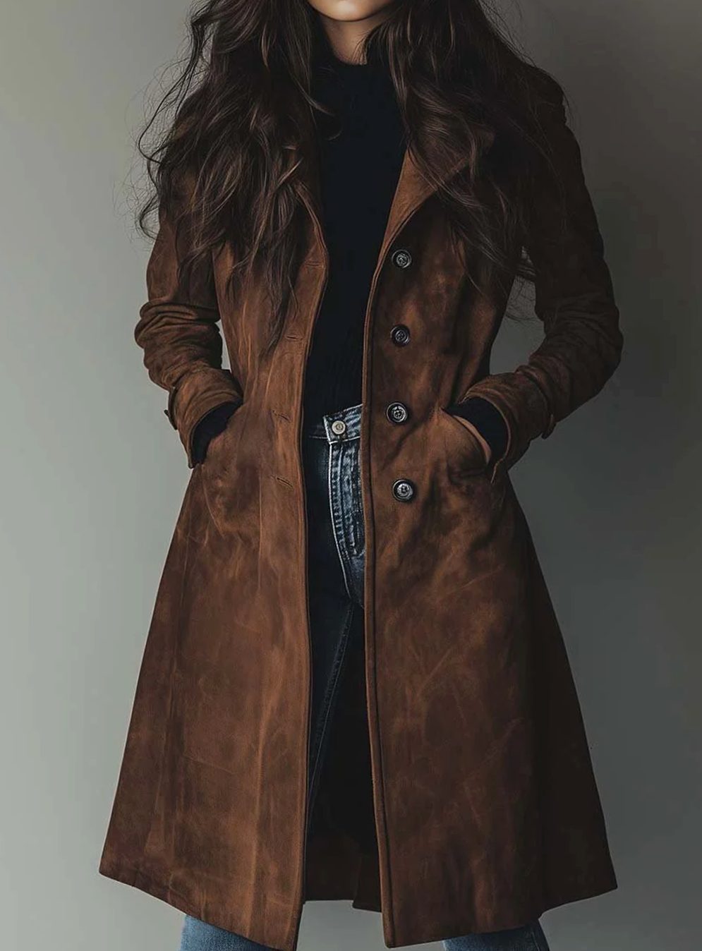 Women's Vintage-Style Double-Breasted Suede Trench Coat - Brown