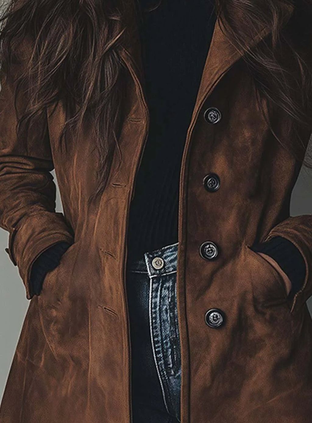 Women's Vintage-Style Double-Breasted Suede Trench Coat