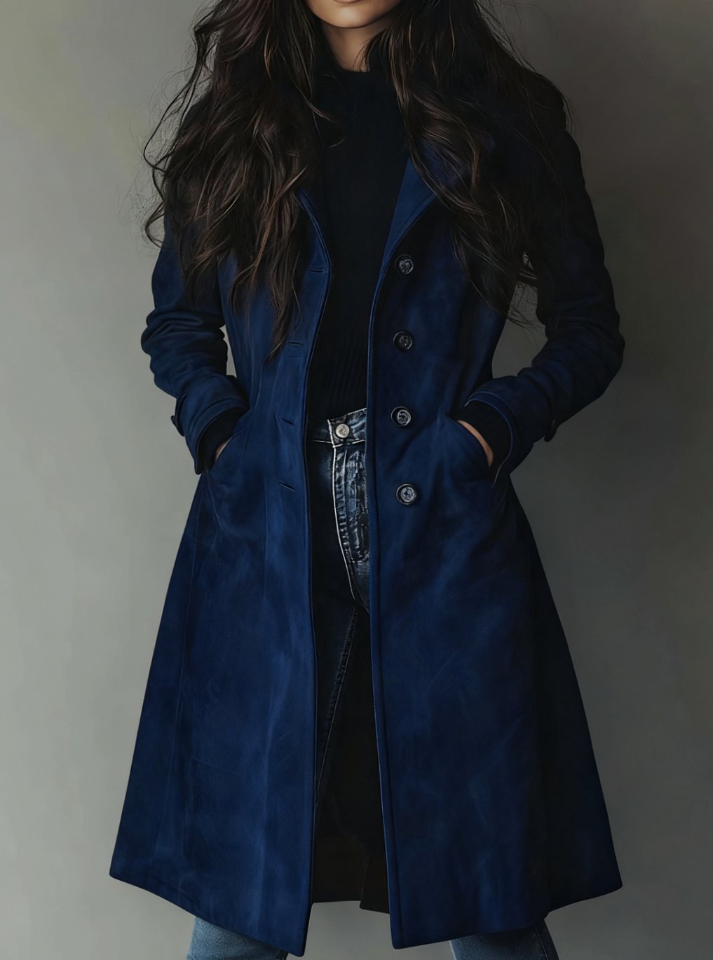 Women's Vintage-Style Double-Breasted Suede Trench Coat - Navy Blue