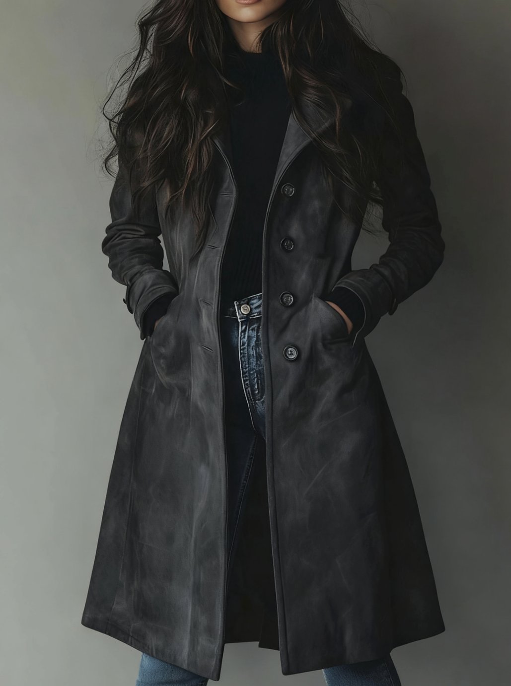 Women's Vintage-Style Double-Breasted Suede Trench Coat - Dark Gray