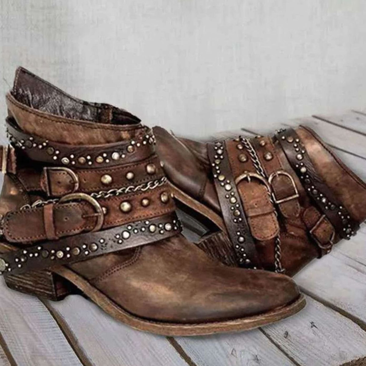 Women's Vintage Western Ankle Boots Studded Multi-Buckle Strap - Brown