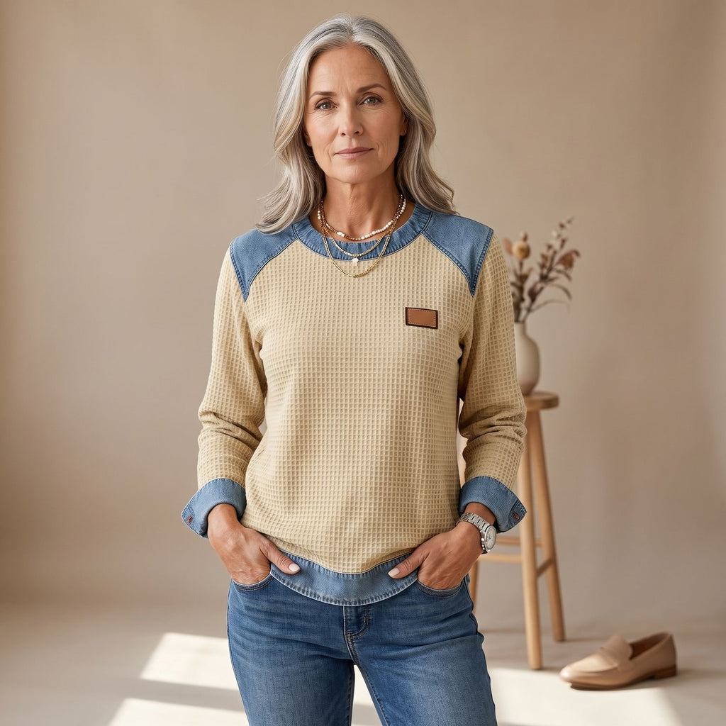 Women's Waffle-Knit Denim-Trim Relaxed Crew Neck Sweater - Apricot