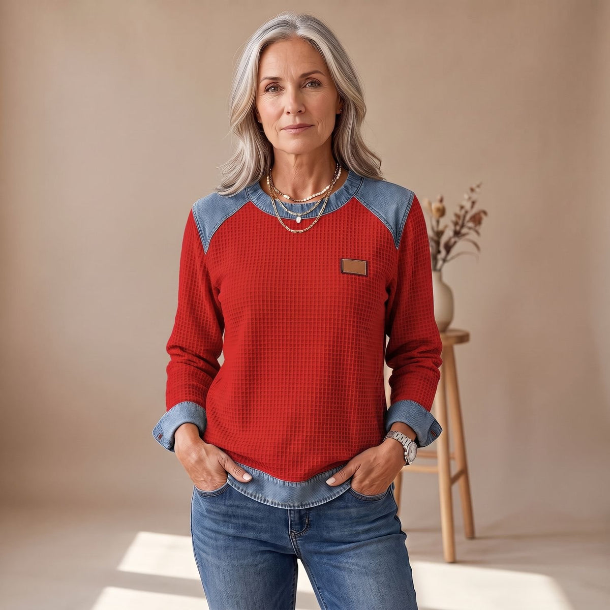 Women's Waffle-Knit Denim-Trim Relaxed Crew Neck Sweater - Red