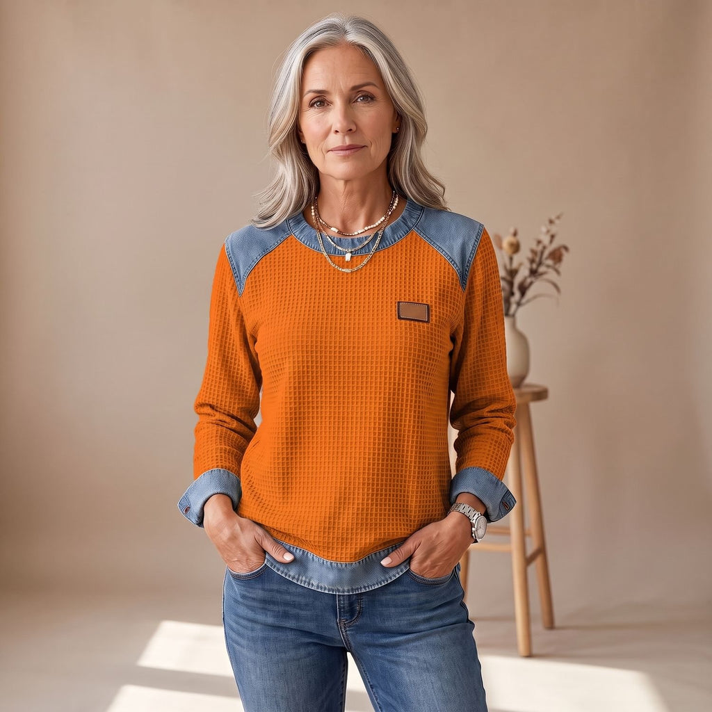 Women's Waffle-Knit Denim-Trim Relaxed Crew Neck Sweater - Orange