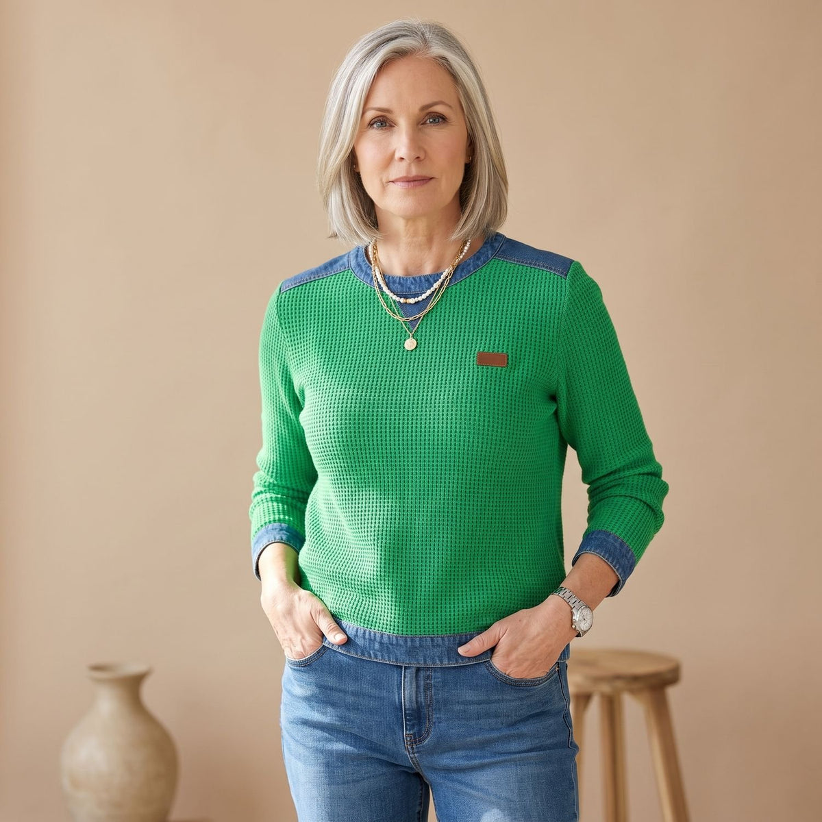 Women's Waffle-Knit Denim-Trim Relaxed Crew Neck Sweater - Green