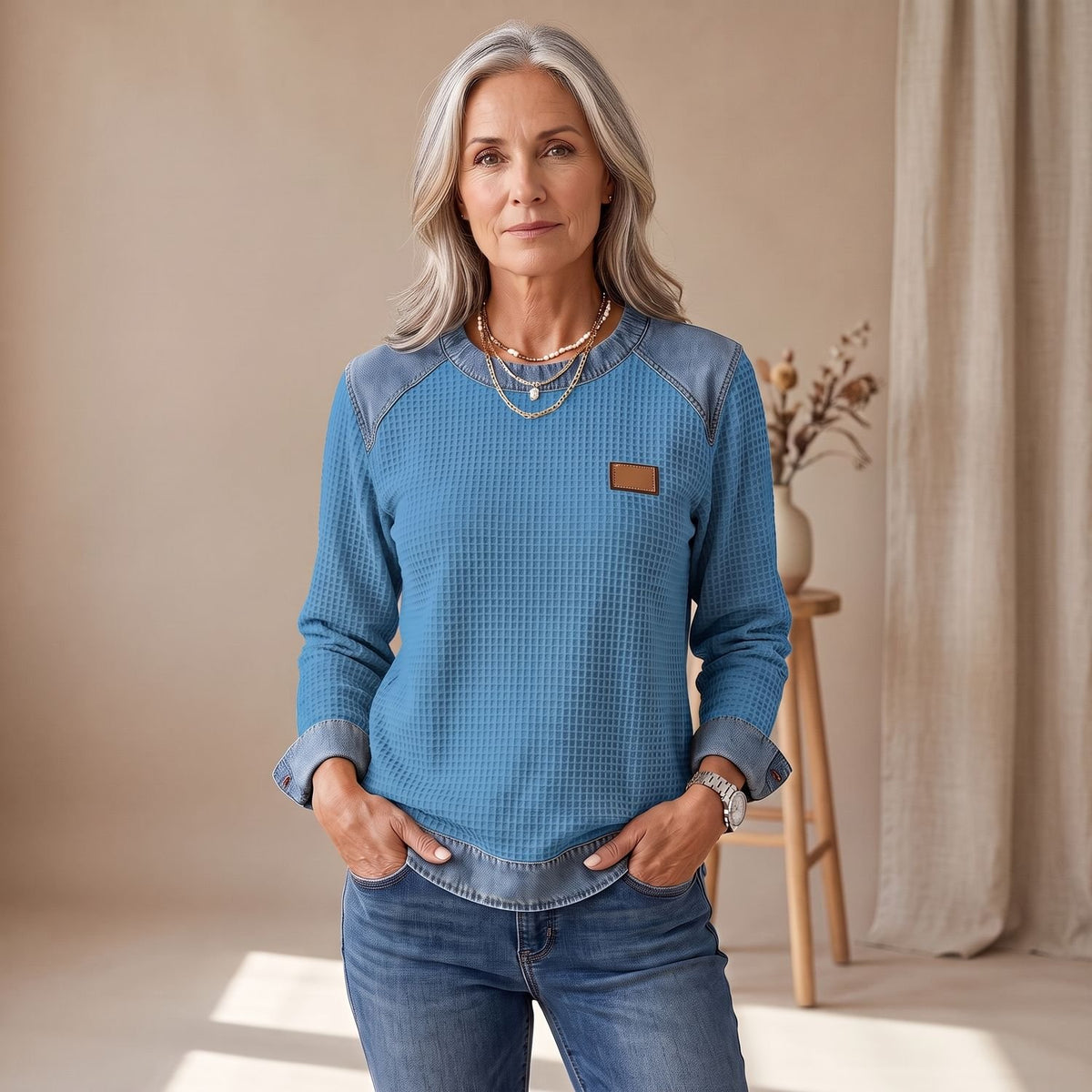 Women's Waffle-Knit Denim-Trim Relaxed Crew Neck Sweater - Blue