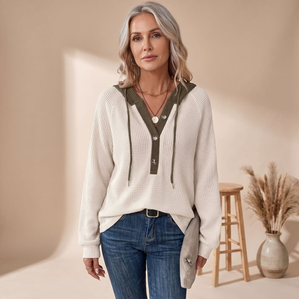 Women's Waffle-Knit Hooded Button-Neck Drop-Shoulder Sweater - Beige