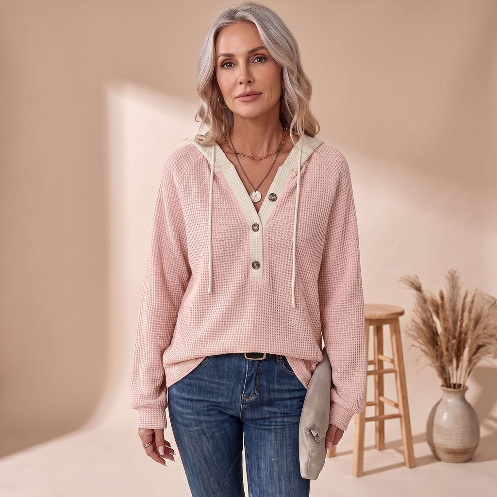 Women's Waffle-Knit Hooded Button-Neck Drop-Shoulder Sweater - Pink