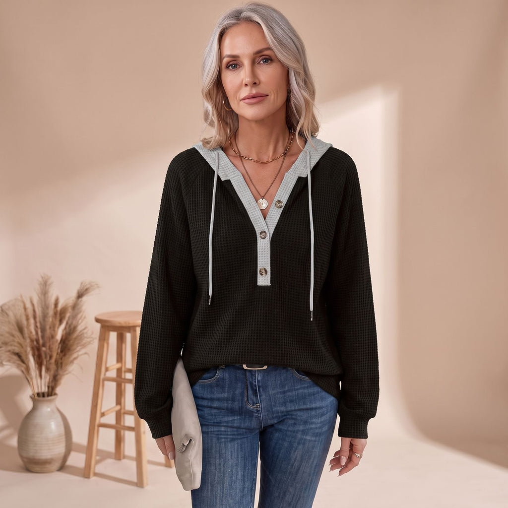 Women's Waffle-Knit Hooded Button-Neck Drop-Shoulder Sweater - Black