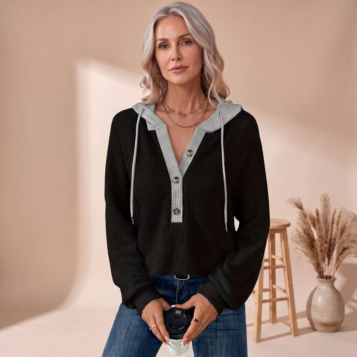 Women's Waffle-Knit Hooded Button-Neck Drop-Shoulder Sweater