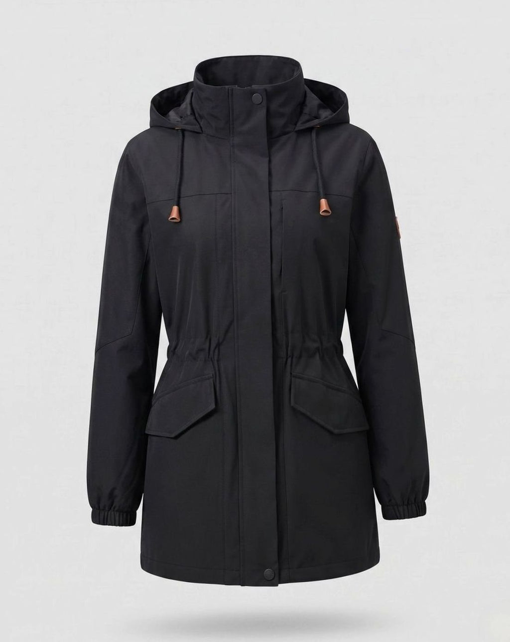 Women's Water-Resistant Hooded Parka Drawstring Waist Flap Pockets - Women's Black