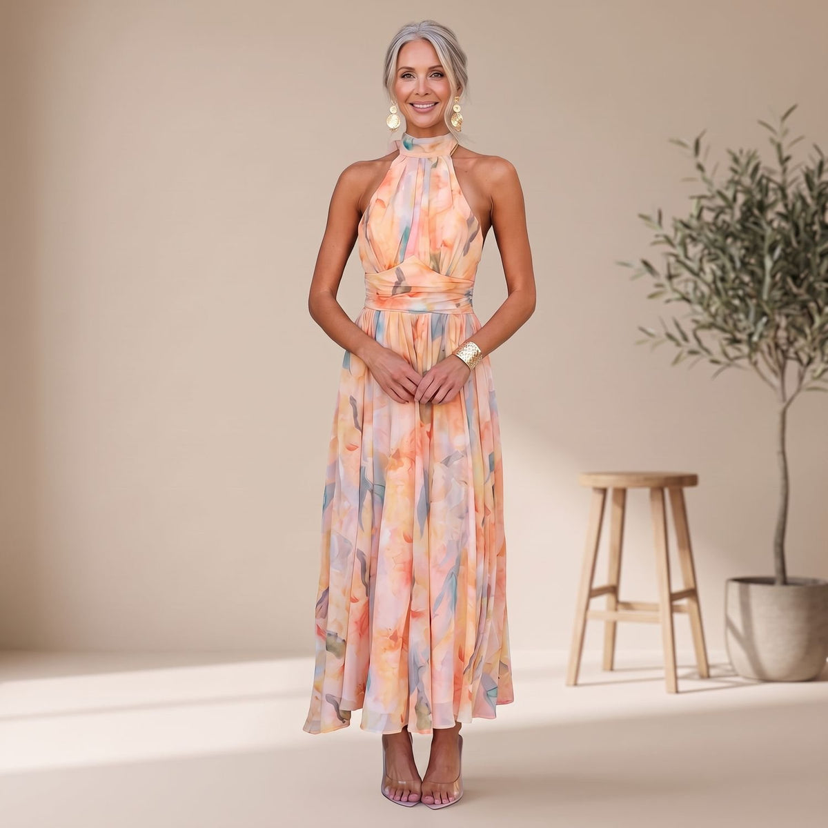 Women's Watercolor Floral Halter Maxi Dress