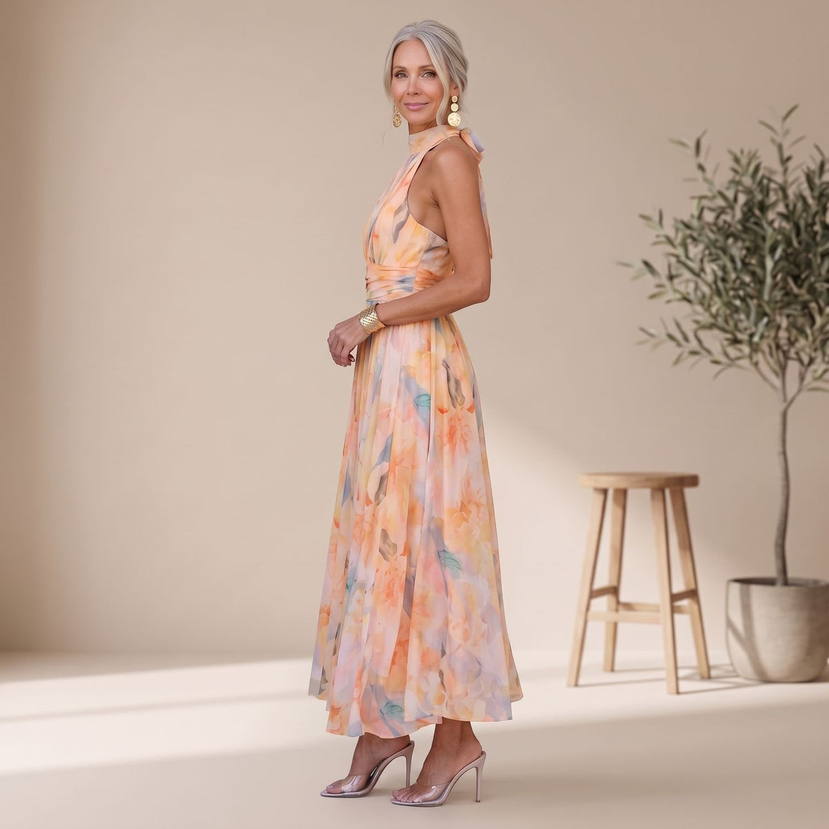 Women's Watercolor Floral Halter Maxi Dress