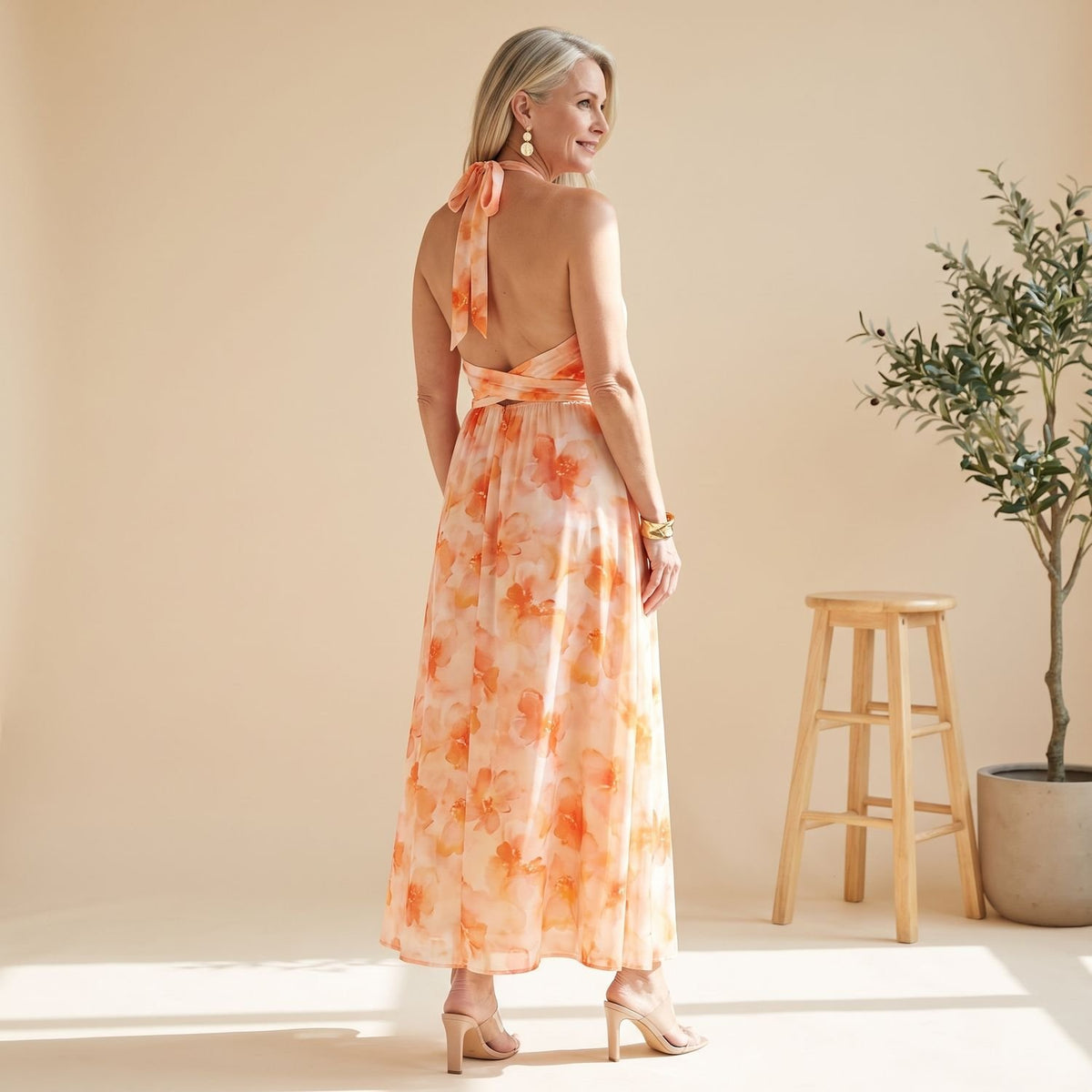 Women's Watercolor Floral Halter Maxi Dress