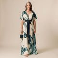 Women's Watercolor Floral V-Neck Tie-Waist Maxi Dress